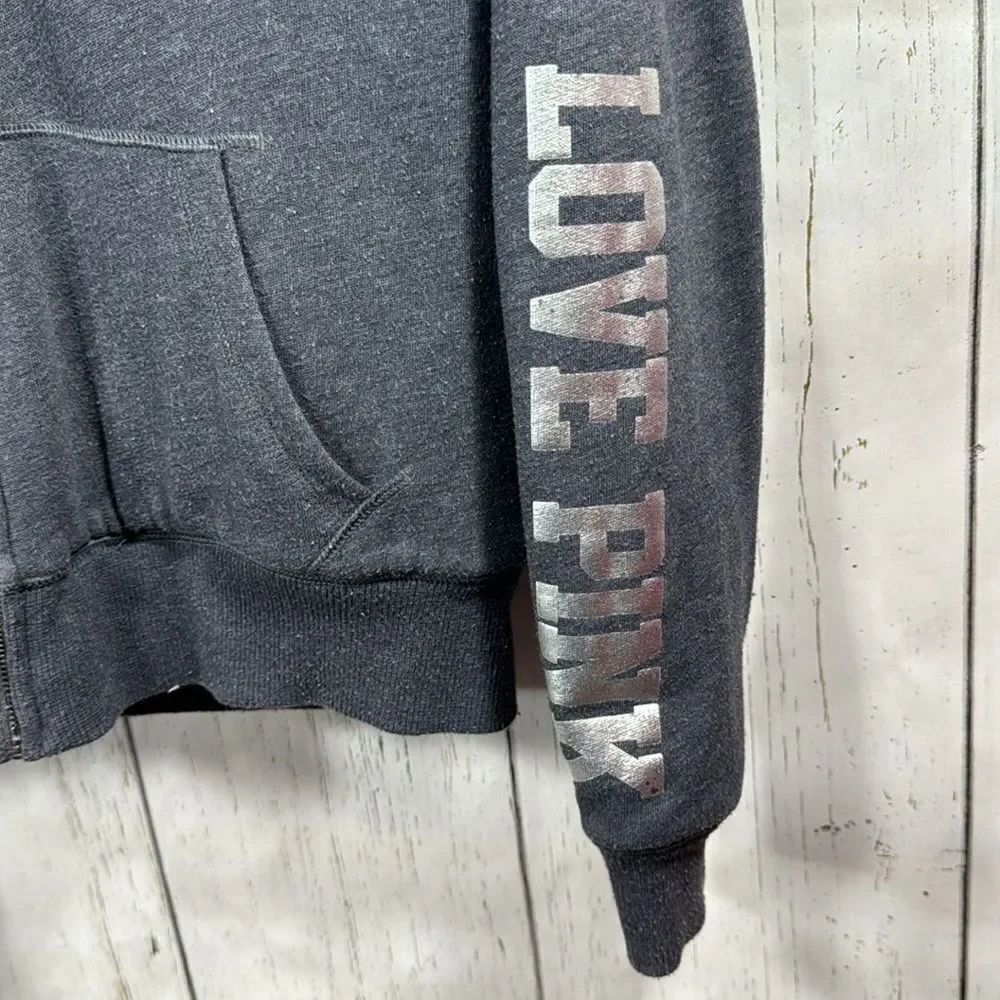 Pink Victorias Secret Faux Fur Lined NFL Jets Sequins Zip Hooded Pockets Gray